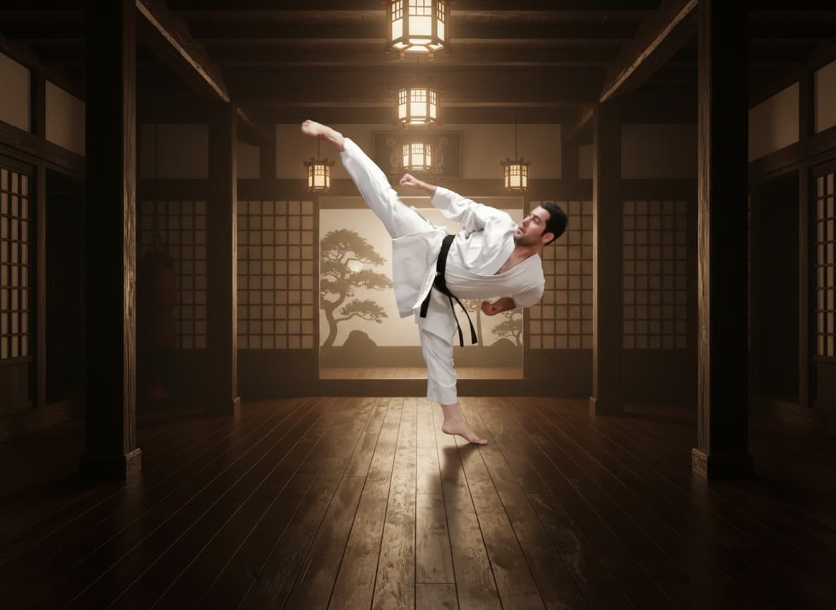 Coach Reza Abbasi performing a karate kick in a traditional dojo