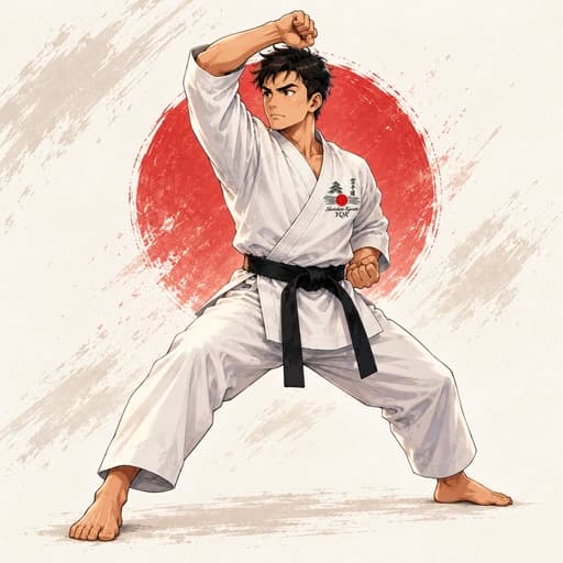 Cartoon adult karate student demonstrating a rising block