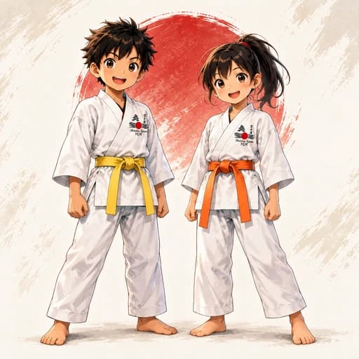 Cartoon boy and girl in academy karate uniforms with yellow and orange belts