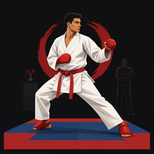 High-performance karate athlete preparing for competition on a tatami